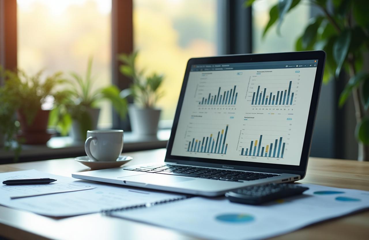 Laptop, cup of tea and paperwork on desk with plants